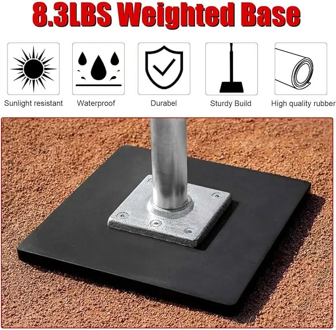 Weighted black rubber base with silver metal stem and black rubber top on ground