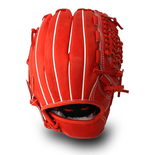 Red baseball batting glove palm view with striped padding and finger lacing