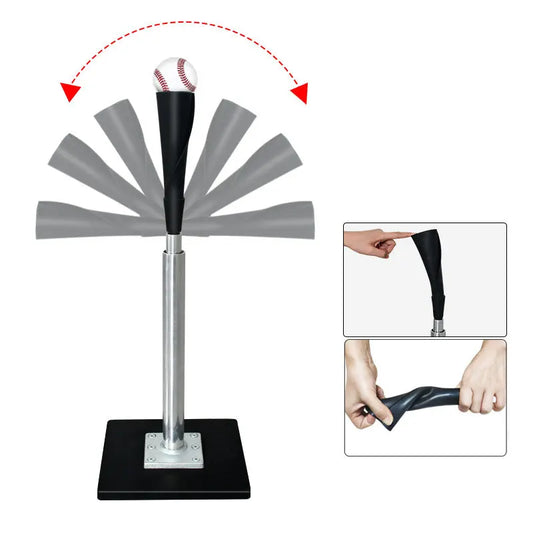 Adjustable aluminum hitting tee with black rubber top, silver stem, black base and baseball
