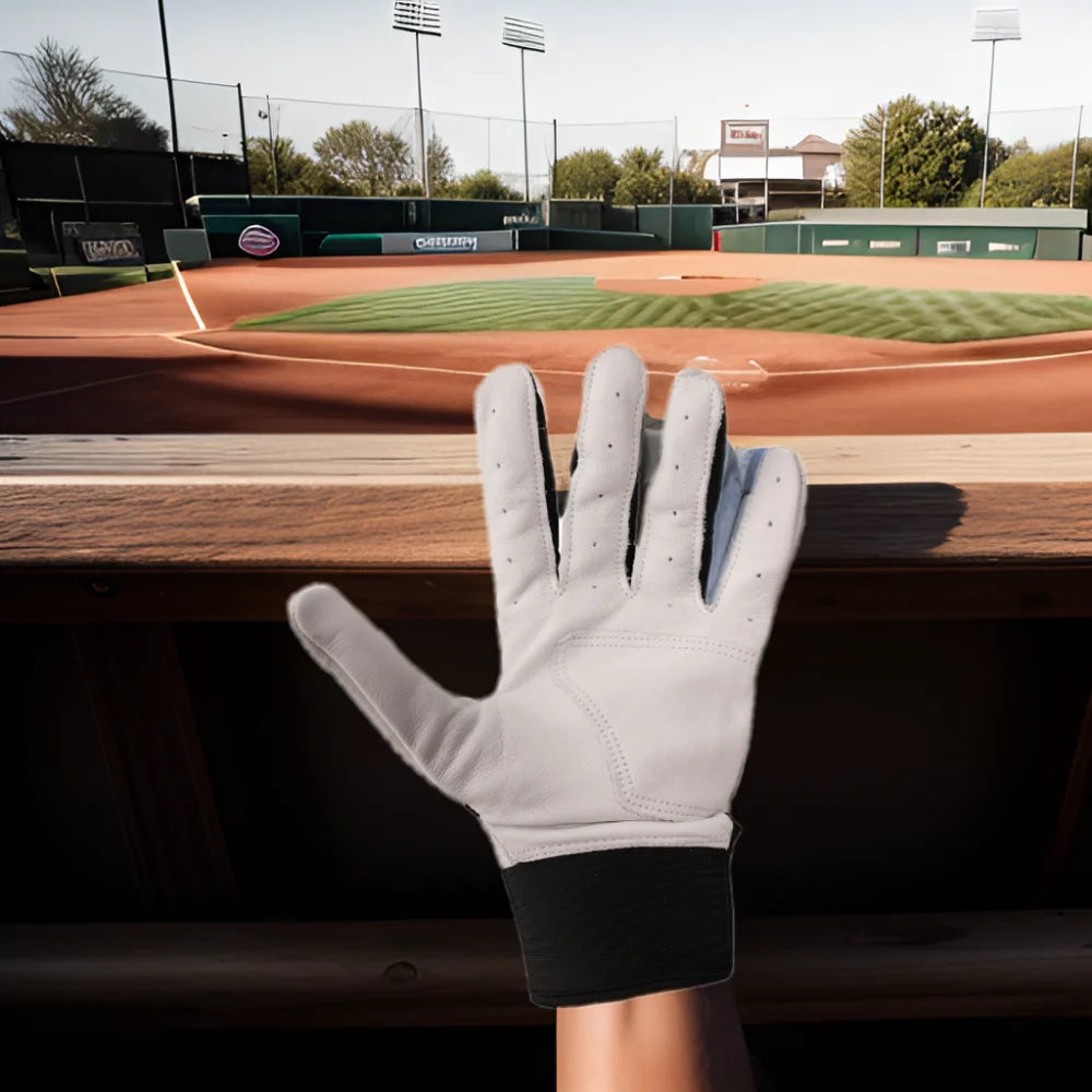 White batting glove on hand with black wrist cuff and textured leather palm