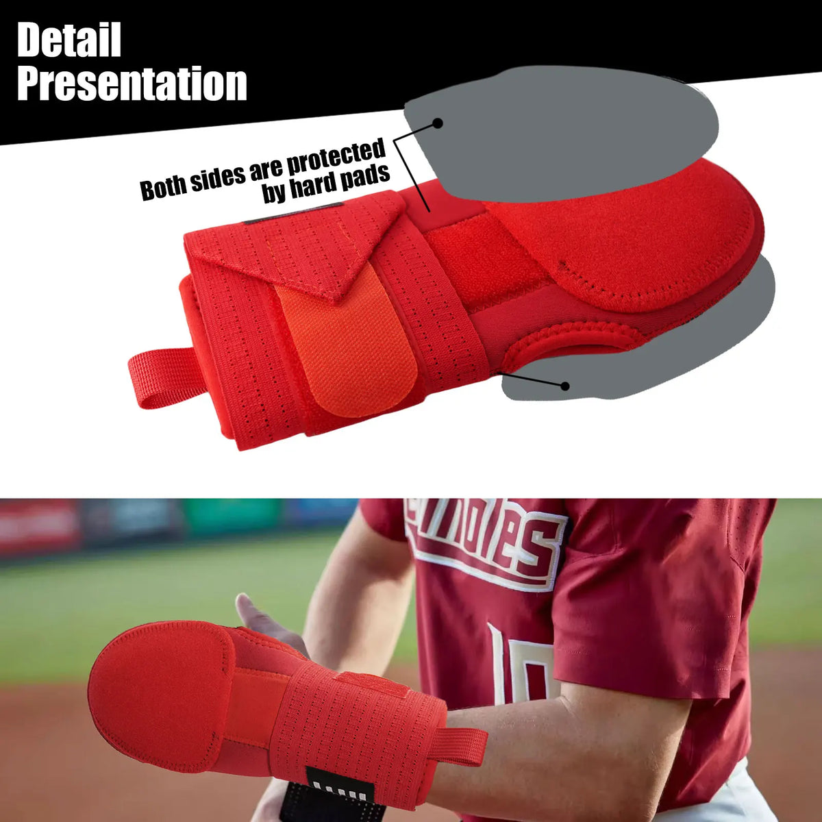 Red baseball sliding mitt with reinforced outer pads on both sides and adjustable strap