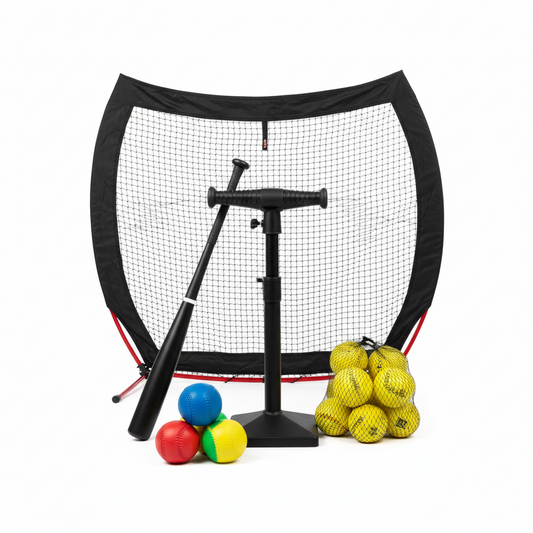 Travel team prep kit with black equipment stand, training balls, and yellow mesh bag