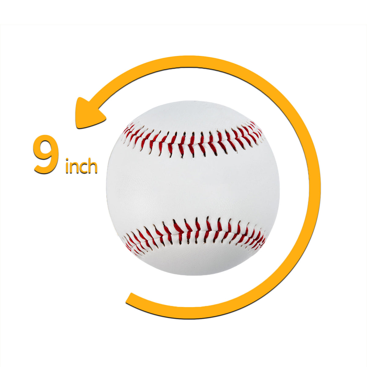 9-inch white baseball with red stitched seams, round profile