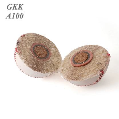 Wool baseball core with round leather center and red stitched edge details