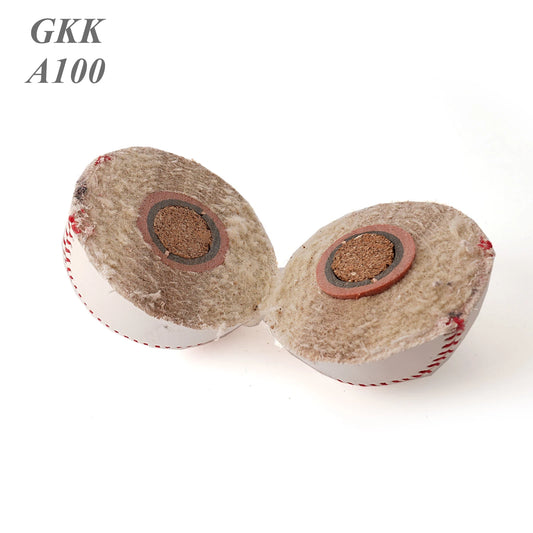 Wool baseball core with round leather center and red stitched edge details