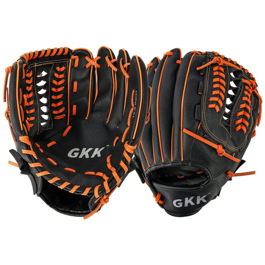 Left-handed infield baseball glove, black leather with orange lacing and GKK logo