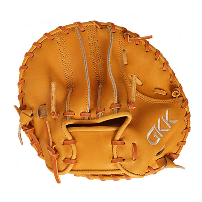 Orange leather baseball glove, finger stall webbing and GK stitched mark