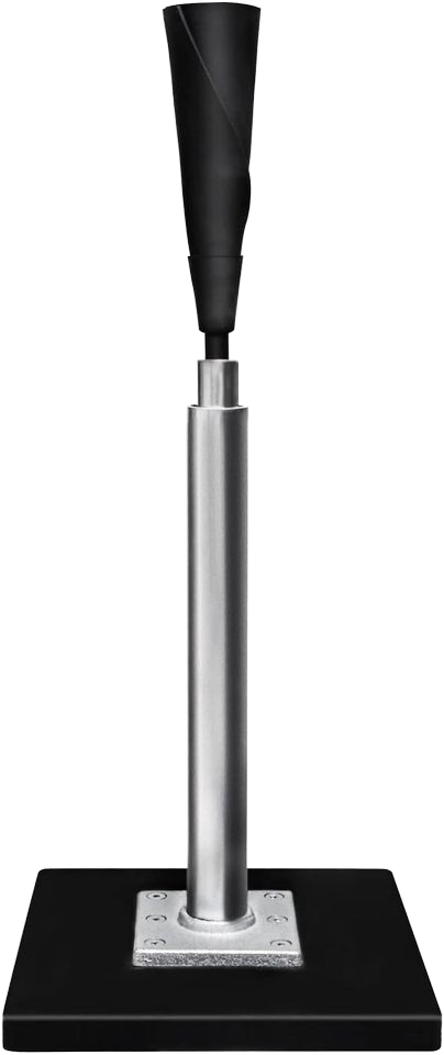Baseball batting tee close-up with black rubber cup, silver pole, and black square base