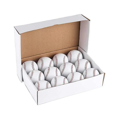 Set of white baseballs with red stitching in an open white display box