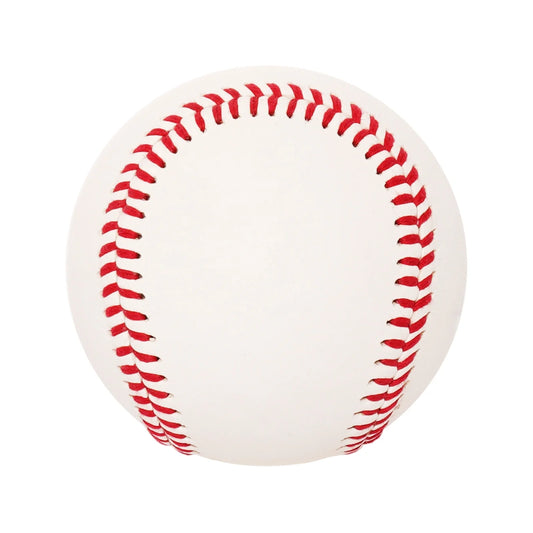 White baseball with red stitched seams, no logo on the panel