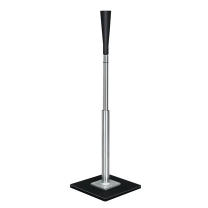 Adjustable baseball batting tee with black rubber top, silver pole, and black base