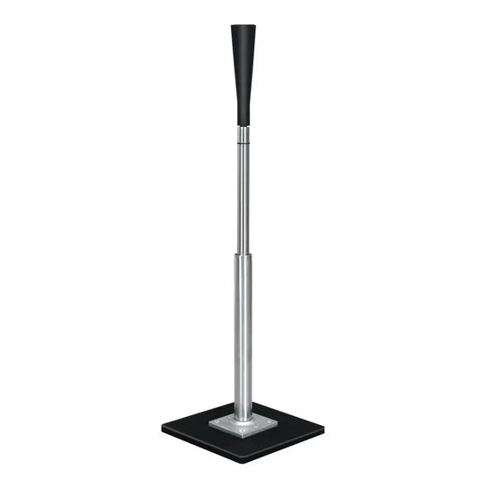 Adjustable baseball batting tee with black rubber top, silver pole, and black base