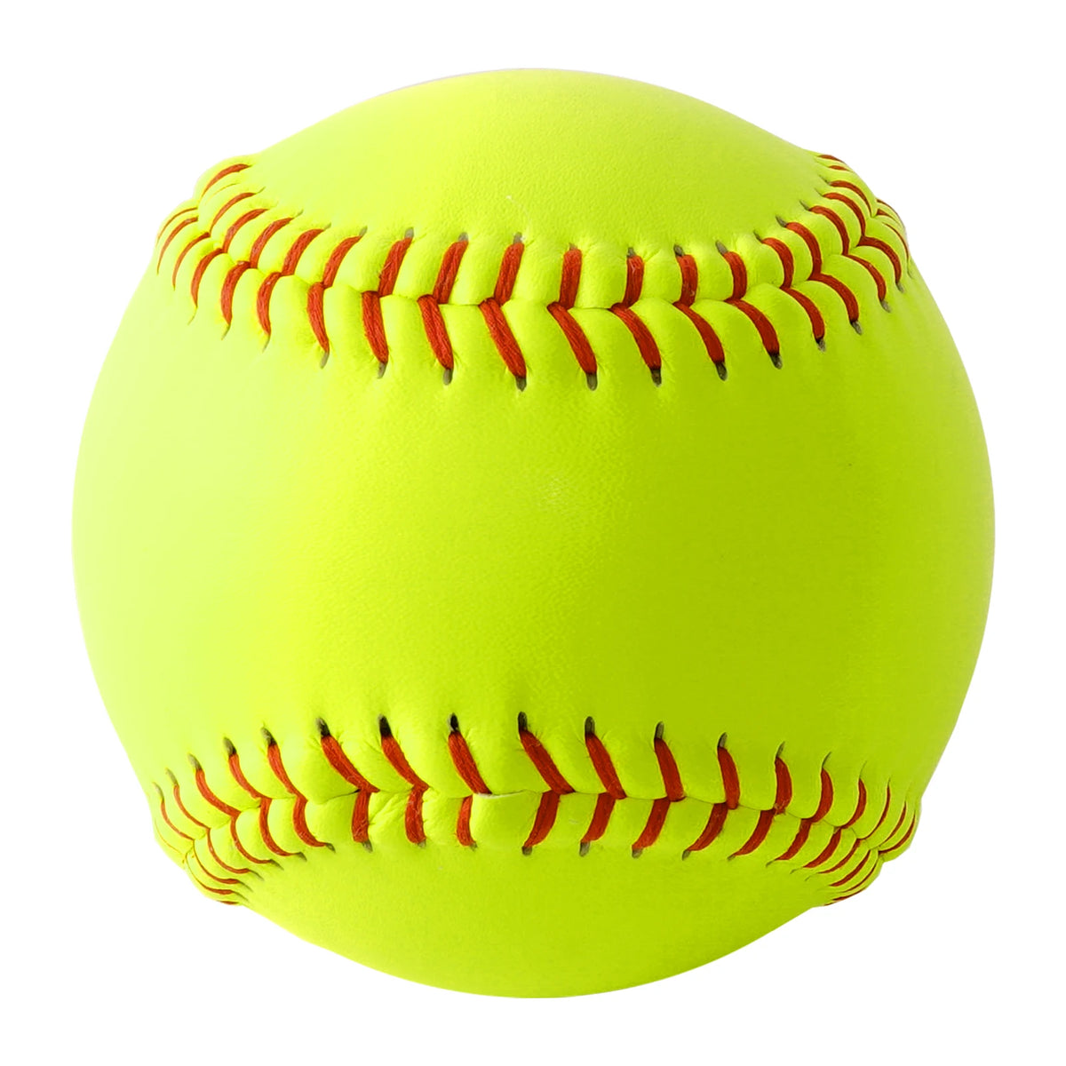 Close-up of neon yellow training softball with red stitched seam pattern