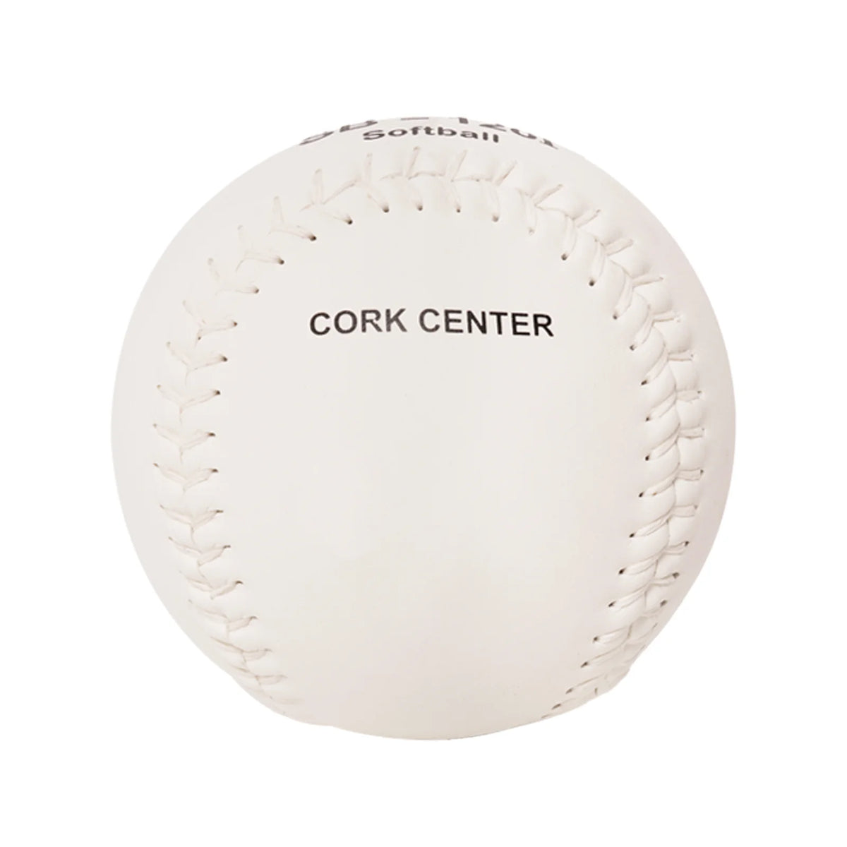 White softball with “CORK CENTER” text and stitched seams