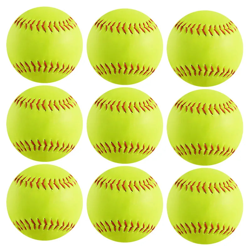Neon yellow training softball with red stitched seams, pack of multiple views