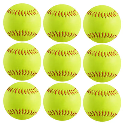 Neon yellow training softball with red stitched seams, pack of multiple views