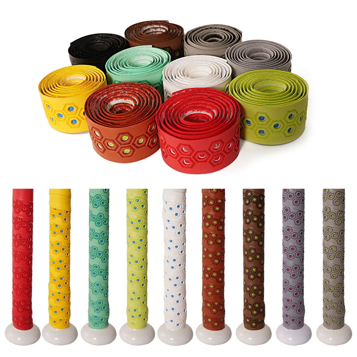 Assorted patterned baseball bat grip tape rolls in multiple colors, tightly wound