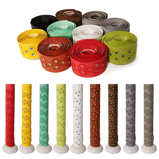 Assorted patterned baseball bat grip tape rolls in multiple colors, tightly wound