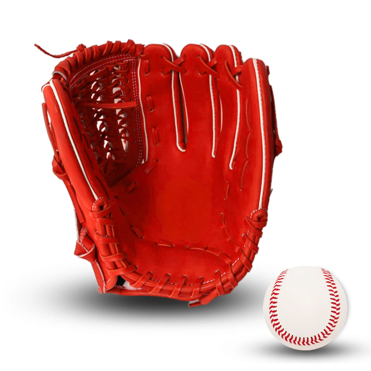 Red baseball batting glove back view with laced web; baseball shown nearby