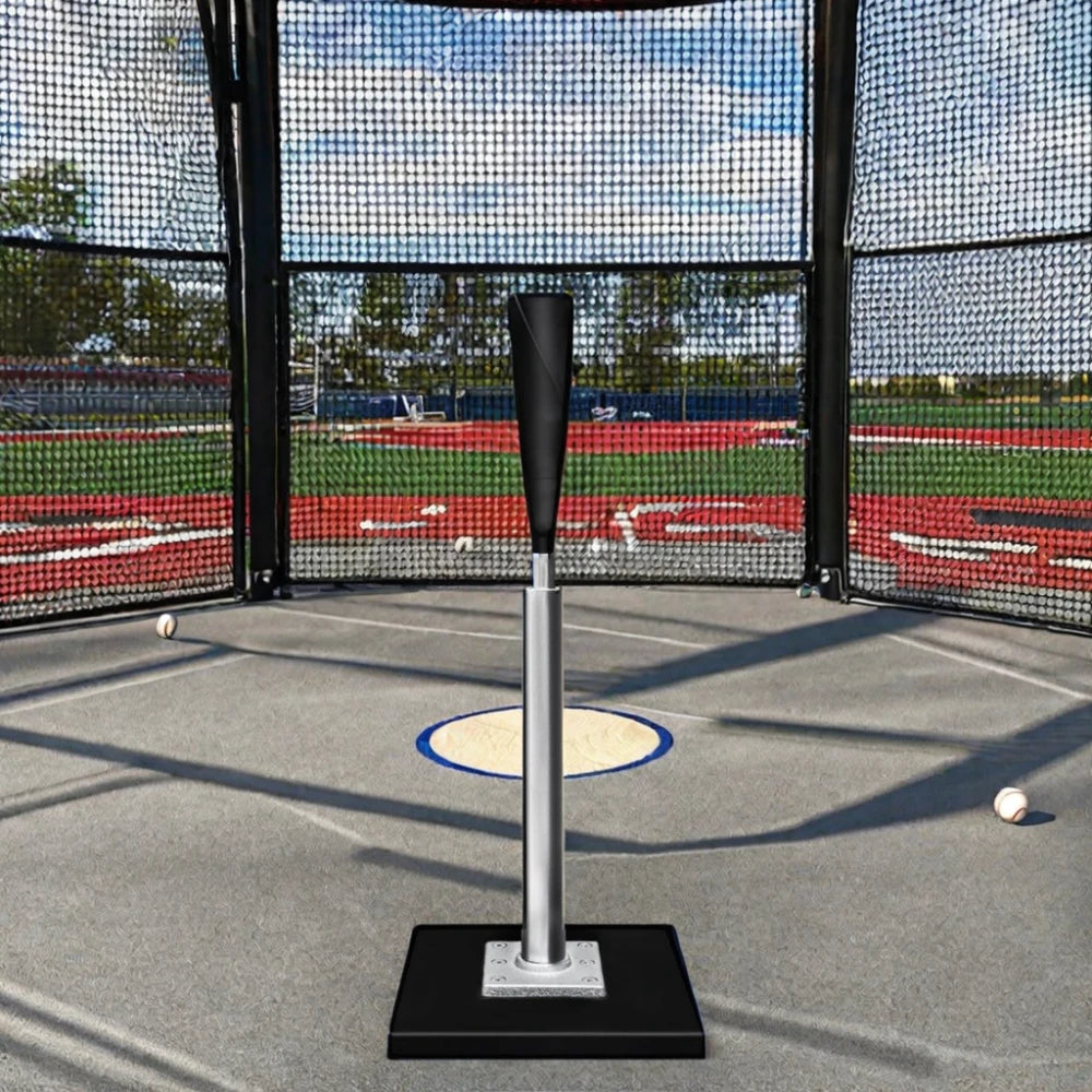 Adjustable batting tee with black rubber cup and silver pole standing on black base