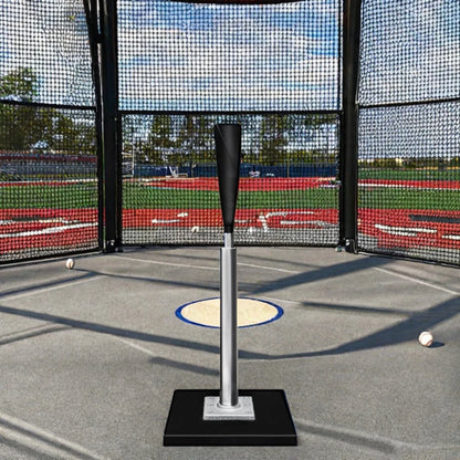 Adjustable batting tee with black rubber cup and silver pole standing on black base