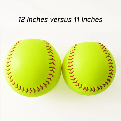Neon yellow training softball pair comparing 12-inch versus 11-inch sizes