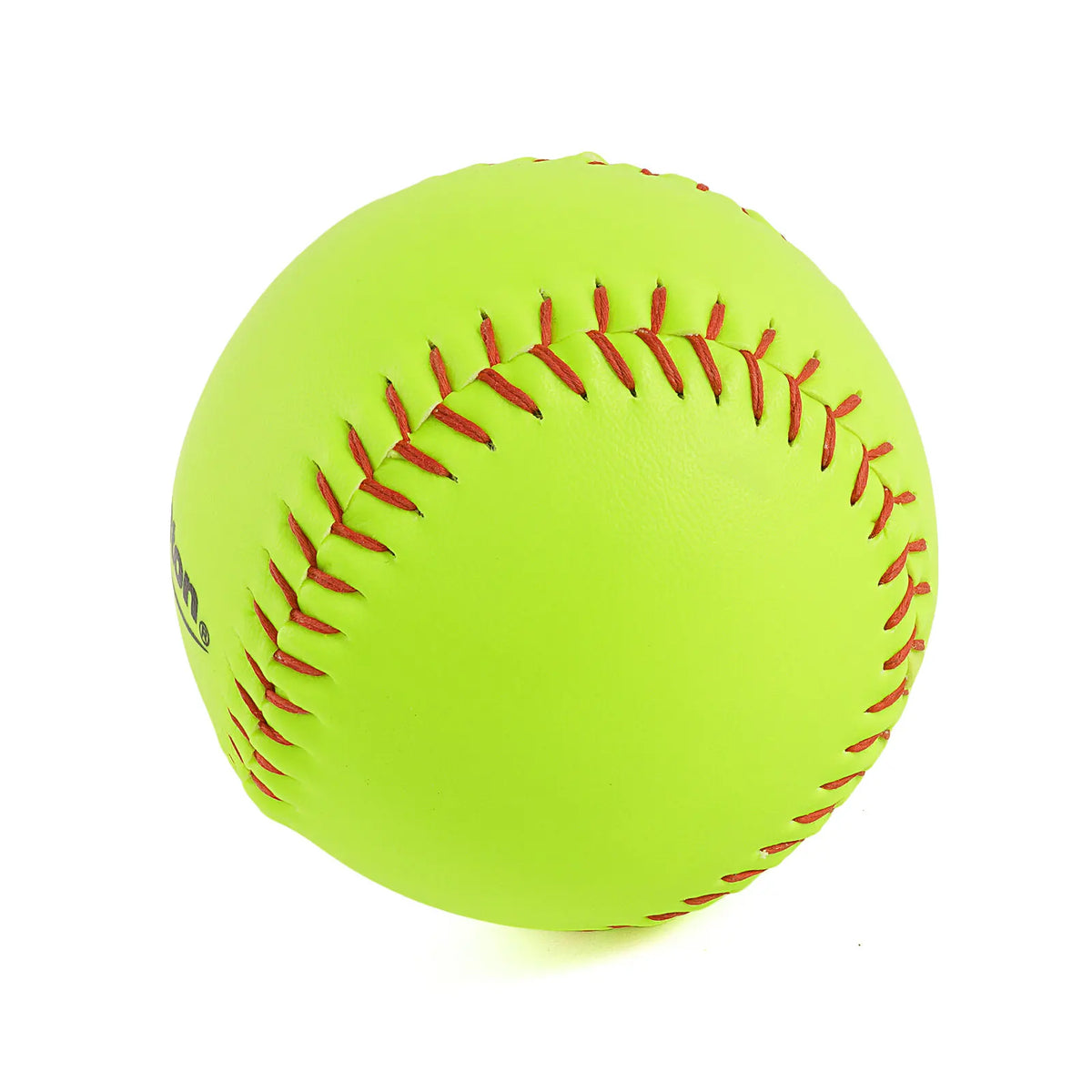 Neon yellow softball close-up with red stitched seam and curved surface texture