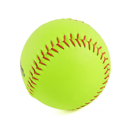 Neon yellow softball close-up with red stitched seam and curved surface texture