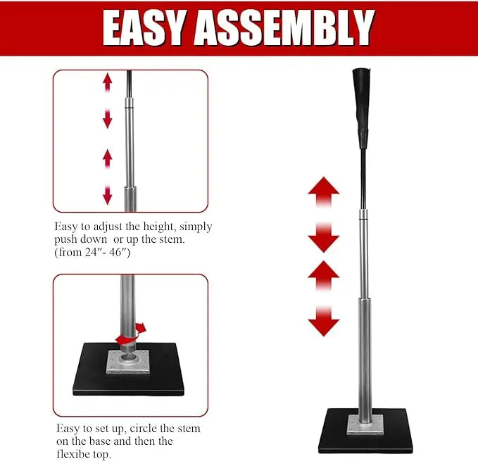 Adjustable height aluminum hitting tee with black rubber top, silver stem, and black base