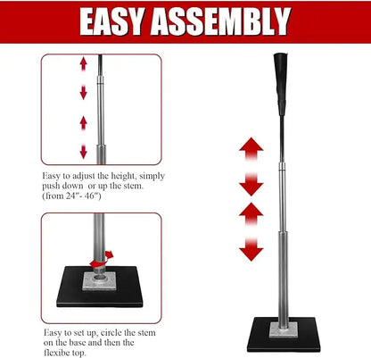 Adjustable height aluminum hitting tee with black rubber top, silver stem, and black base