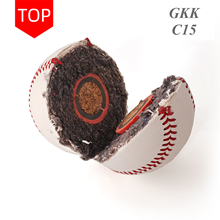 Baseball with a cowhide leather patch and red stitched seams