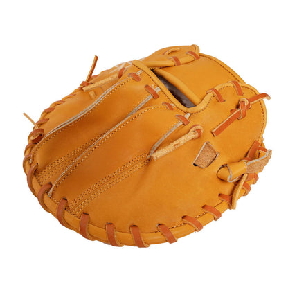 Orange leather baseball glove, top view with double lacing and finger loops