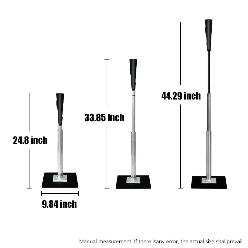 Adjustable batting tee showing multiple heights with black base and rubber top