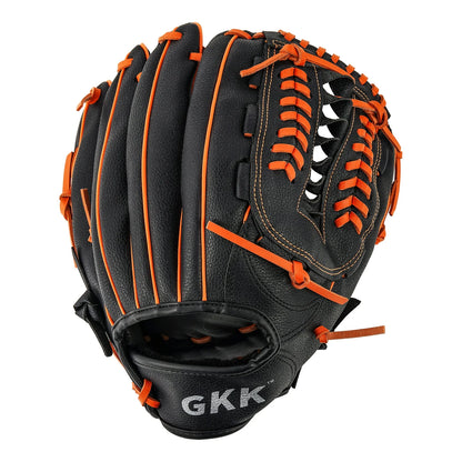 Left-handed infield baseball glove, black leather with orange lacing and web