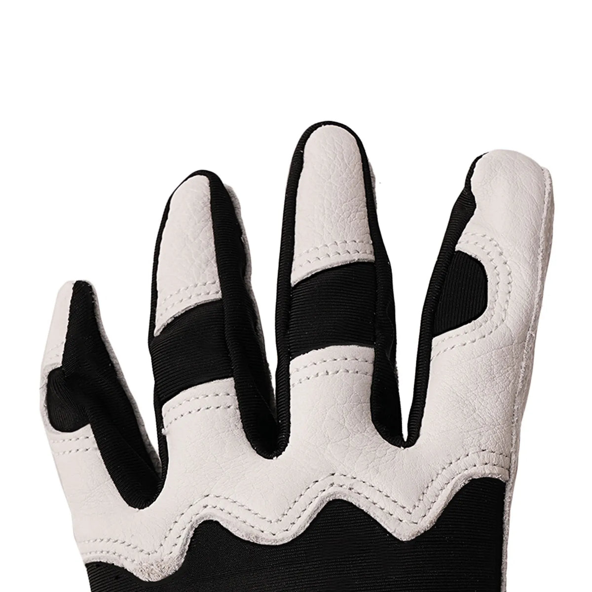 Batting glove in black and white with perforated finger panels and stitched cuff