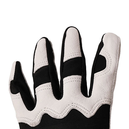 Batting glove in black and white with perforated finger panels and stitched cuff