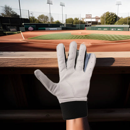 White batting glove on hand with black wrist cuff and textured leather palm