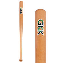 Wood baseball bat with blue custom logo on barrel and glossy handle