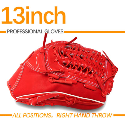 Red 13-inch baseball batting glove, right-hand throw, laced web