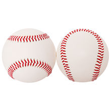 Two white baseballs with red laced stitching, shown from angled sides