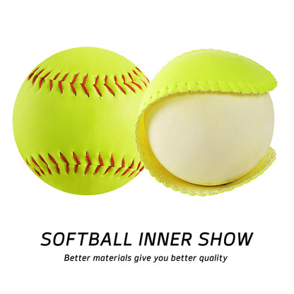 Neon yellow softball shown with cutaway inner layer, red stitched seams