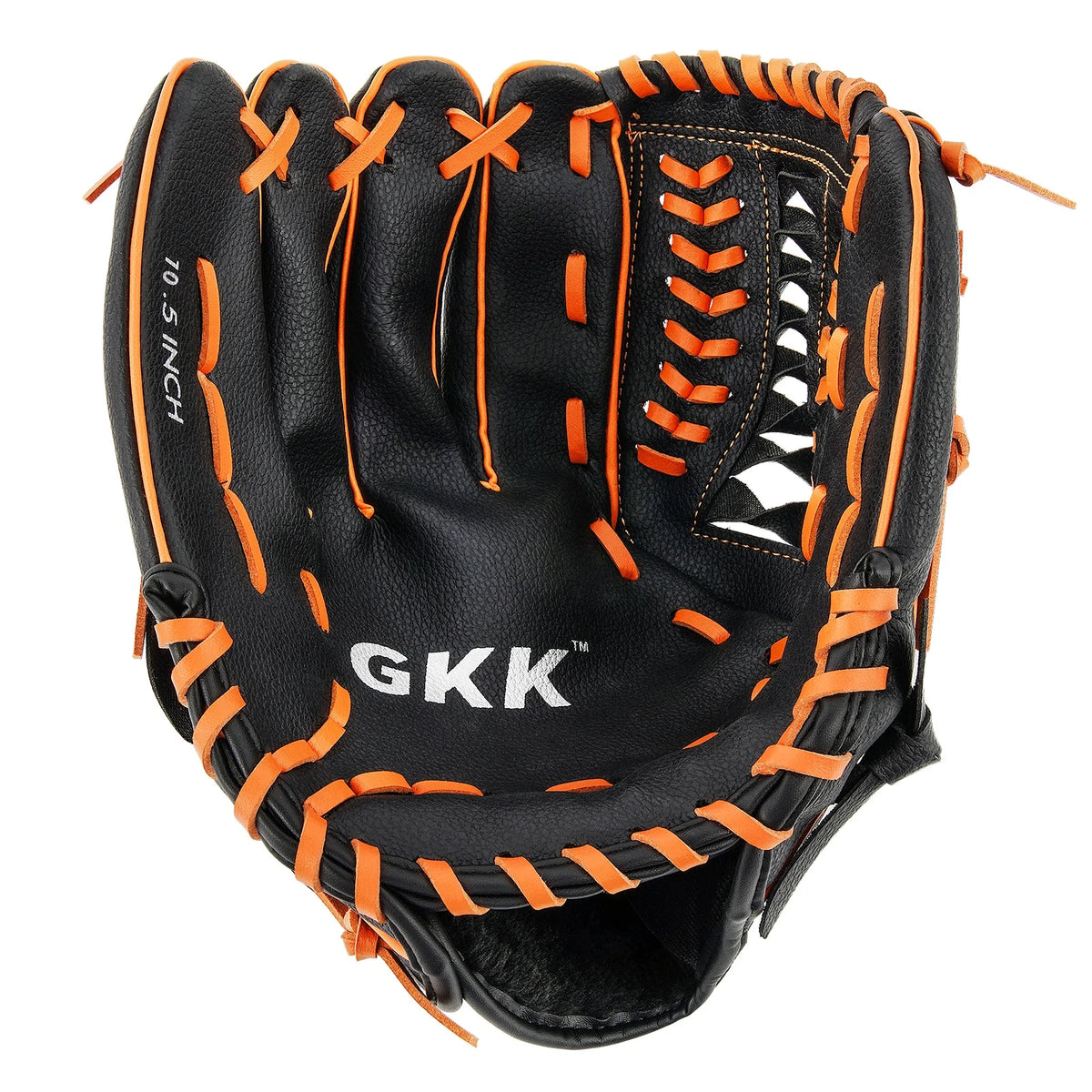 Left-handed infield baseball glove close-up, black leather with orange lacing