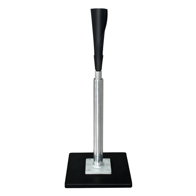 Adjustable batting tee with black rubber top and silver pole on square black base