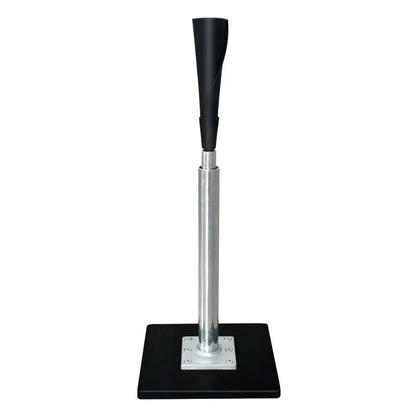 Adjustable batting tee with black rubber top and silver pole on square black base