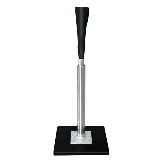 Adjustable batting tee with black rubber top and silver pole on square black base