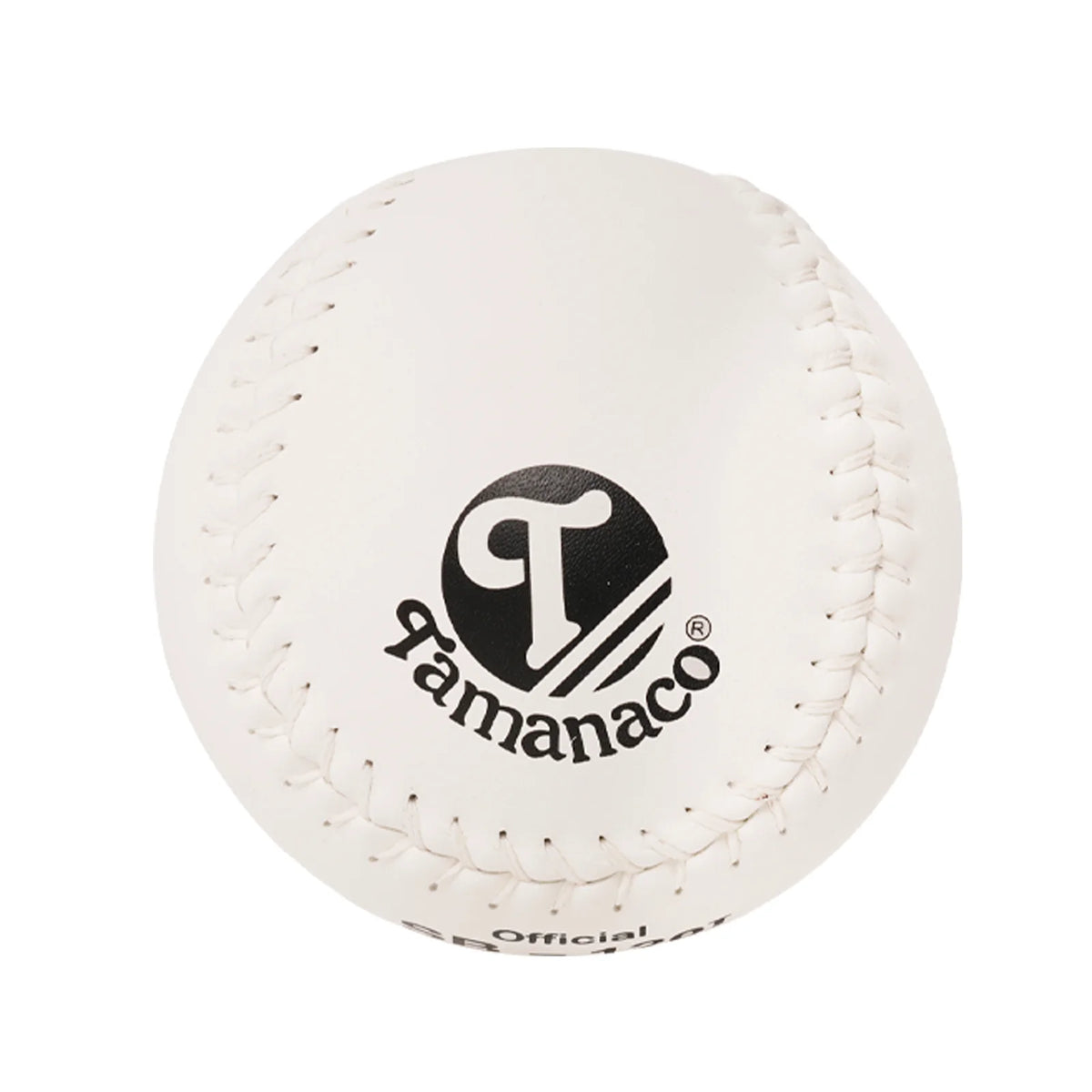 Official white softball with Tanamaco logo and stitched leather seam details
