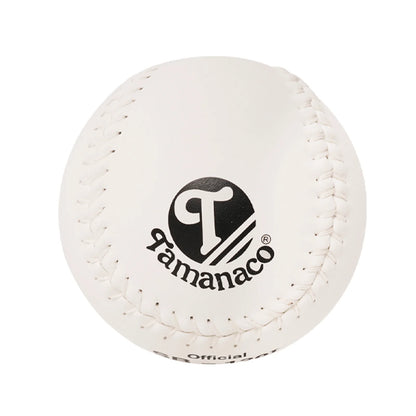 Official white softball with Tanamaco logo and stitched leather seam details