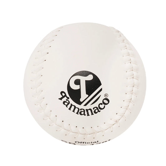 Official white softball with Tanamaco logo and stitched leather seam details