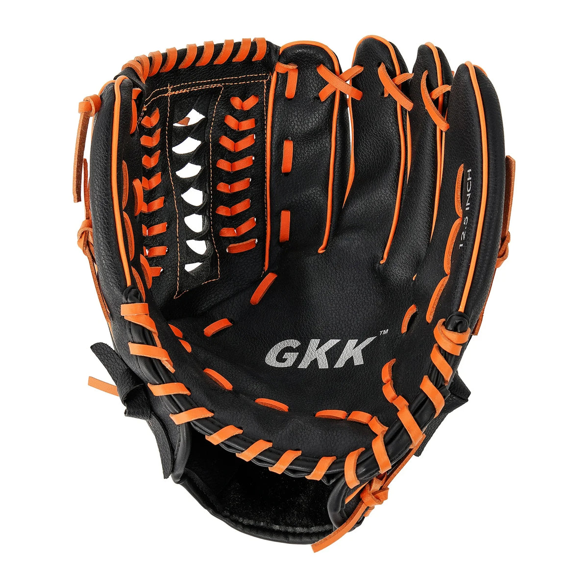 Left-handed infield baseball glove front, black leather with orange web lacing