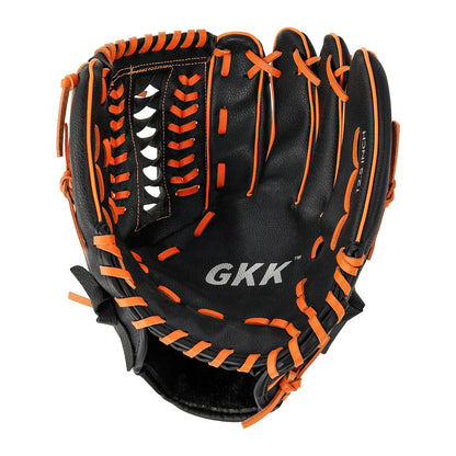 Left-handed infield baseball glove front, black leather with orange web lacing